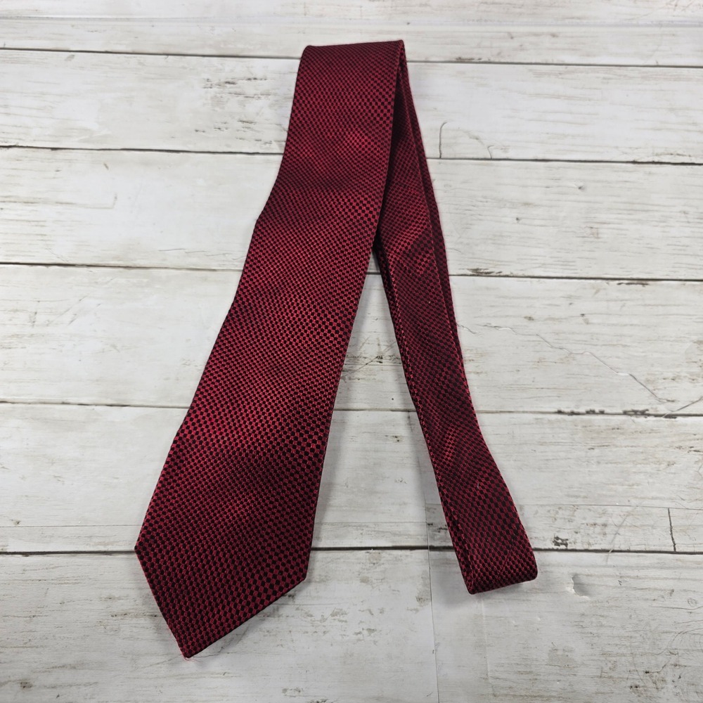 Murano Mens Burgundy Black Micro Check Woven Silk Blend Necktie Formal Tie